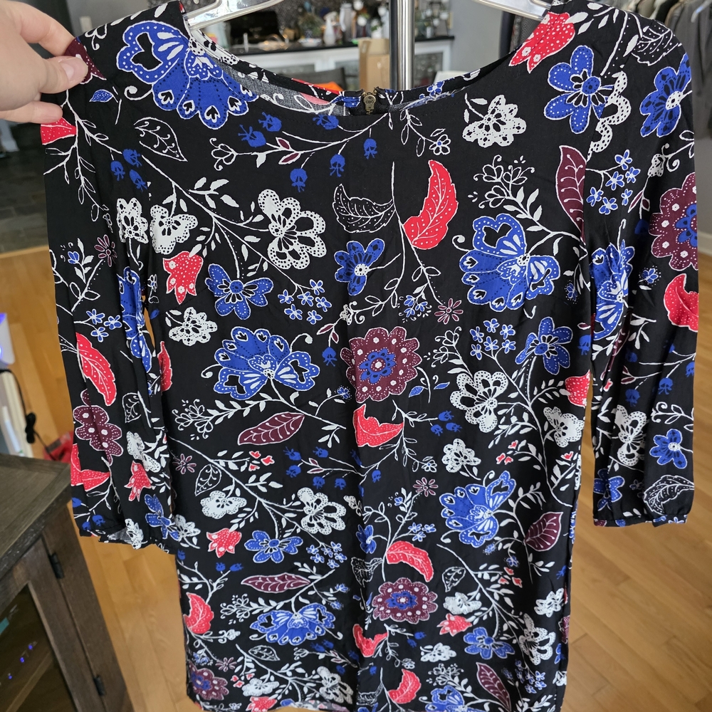 Black Floral Shift Dress with Blue and Red Flowers